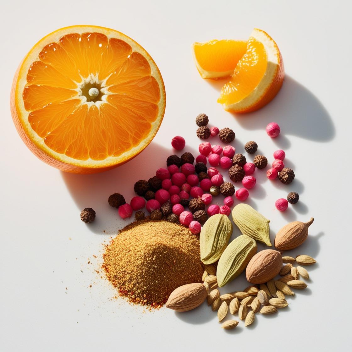 Pink pepper, mandarin, orange, bergamot and cardamom representing the olfactory notes of the perfume.