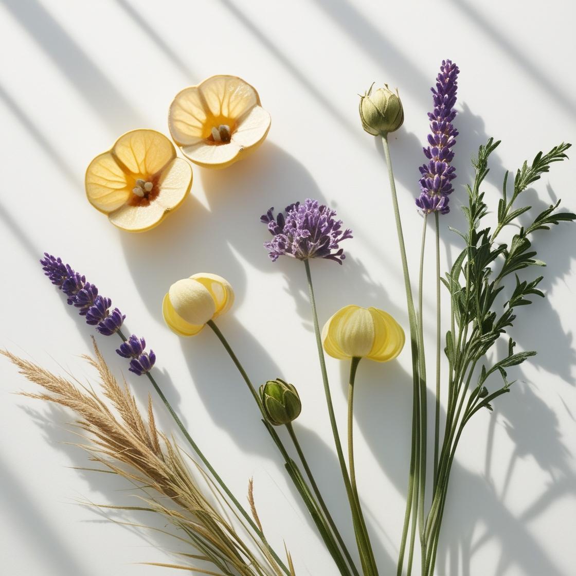 Lavender and vetiver representing the olfactory notes of the perfume.