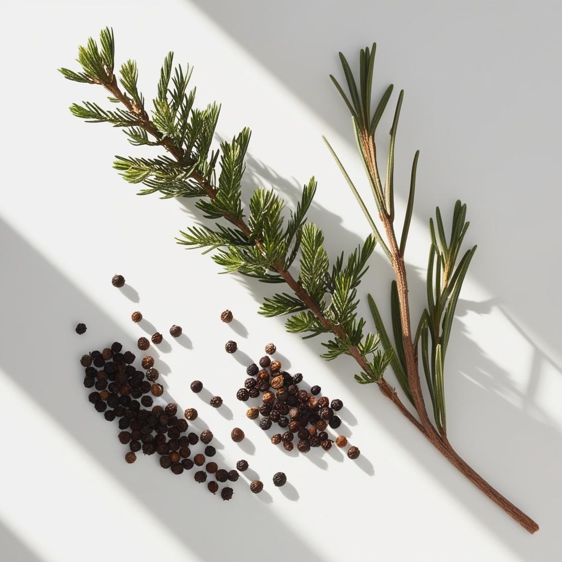 Cedar, juniper and pepper representing the olfactory notes of the perfume.