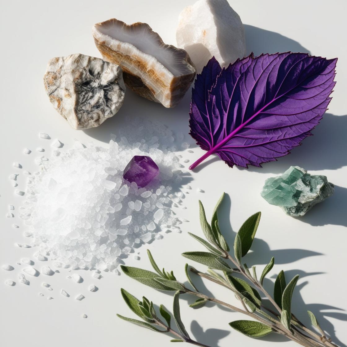 Minerals, violet leaves, sage and salt representing the olfactory notes of the perfume.