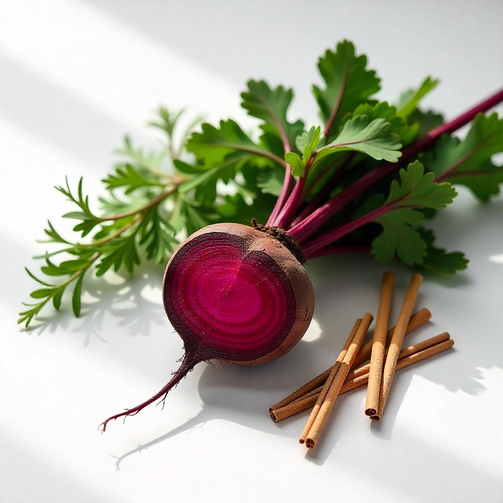 Beetroot and incense representing the olfactory notes of the perfume.