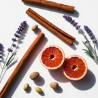 Cinnamon, lavender, walnut and grapefruit representing the olfactory notes of the perfume.