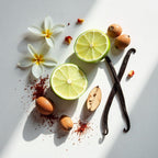 Lime, walnut, jasmine and vanilla representing the olfactory notes of the perfume.