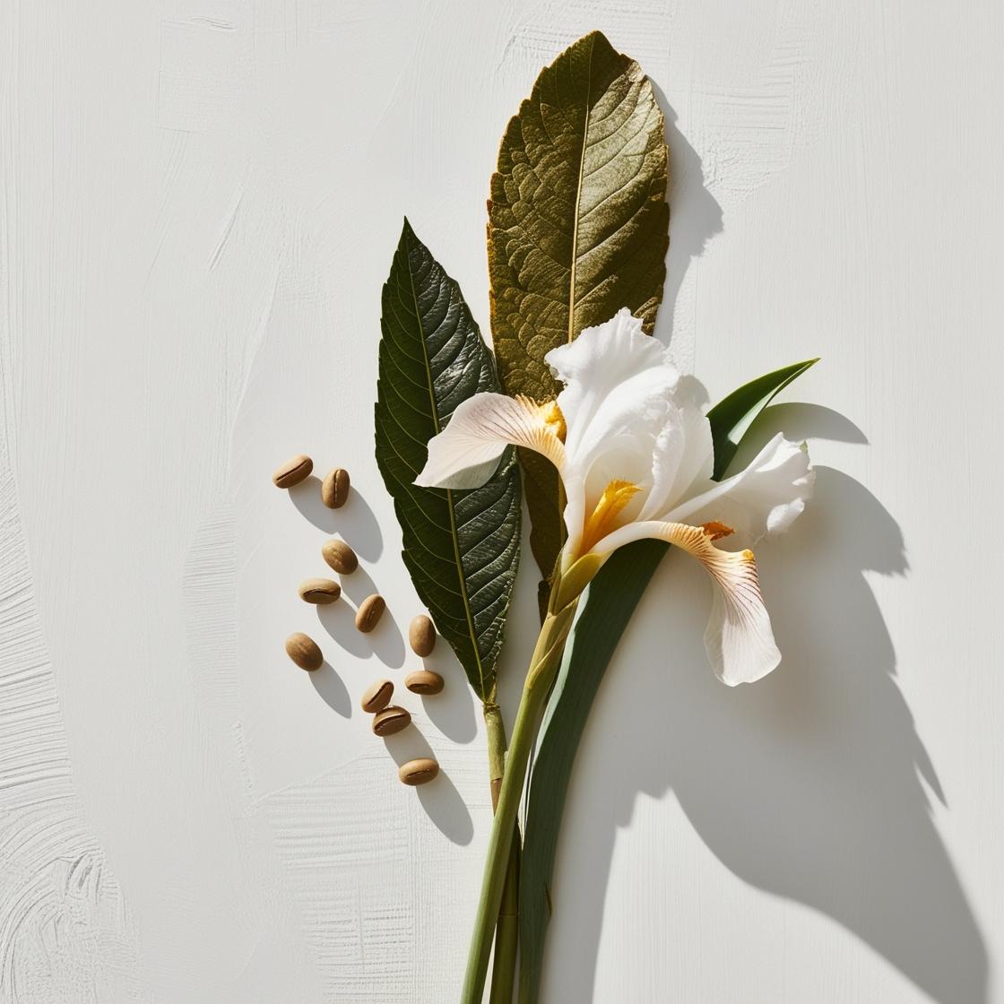 Iris and tonka bean representing the olfactory notes of the perfume.