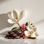 Magnolia, cinnamon and chocolate representing the olfactory notes of the perfume.