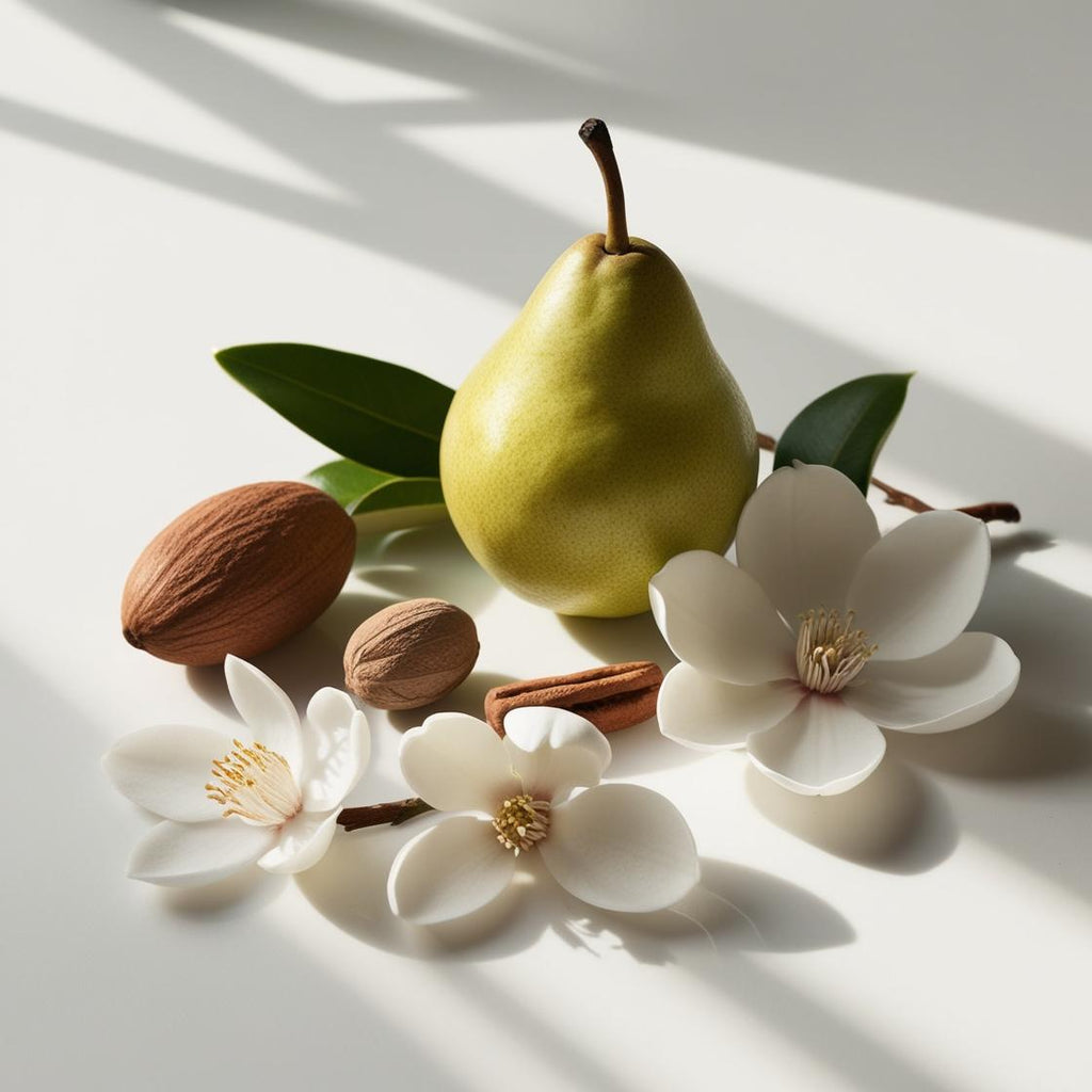 Pear, walnut and cashmere representing the olfactory notes of the perfume.
