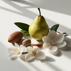 Pear, walnut and cashmere representing the olfactory notes of the perfume.