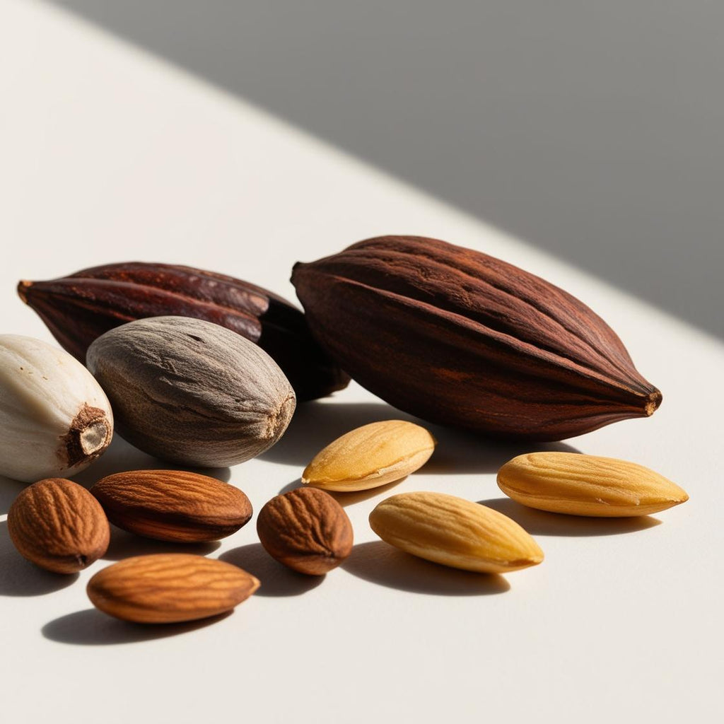Cocoa and almond representing the olfactory notes of the perfume.