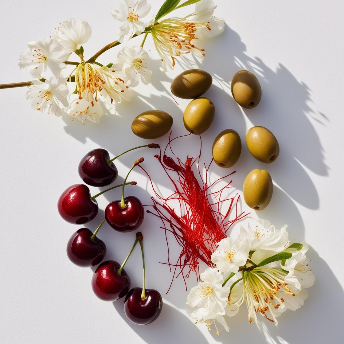 Saffron, cherry and olive representing the olfactory notes of the perfume.