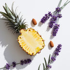 Pineapple, lavender and almonds representing the olfactory notes of the perfume.