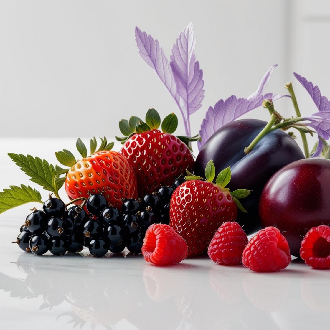 Strawberries, raspberry, plum, blackcurrants and violet leaves represent the olfactory notes of the perfume.