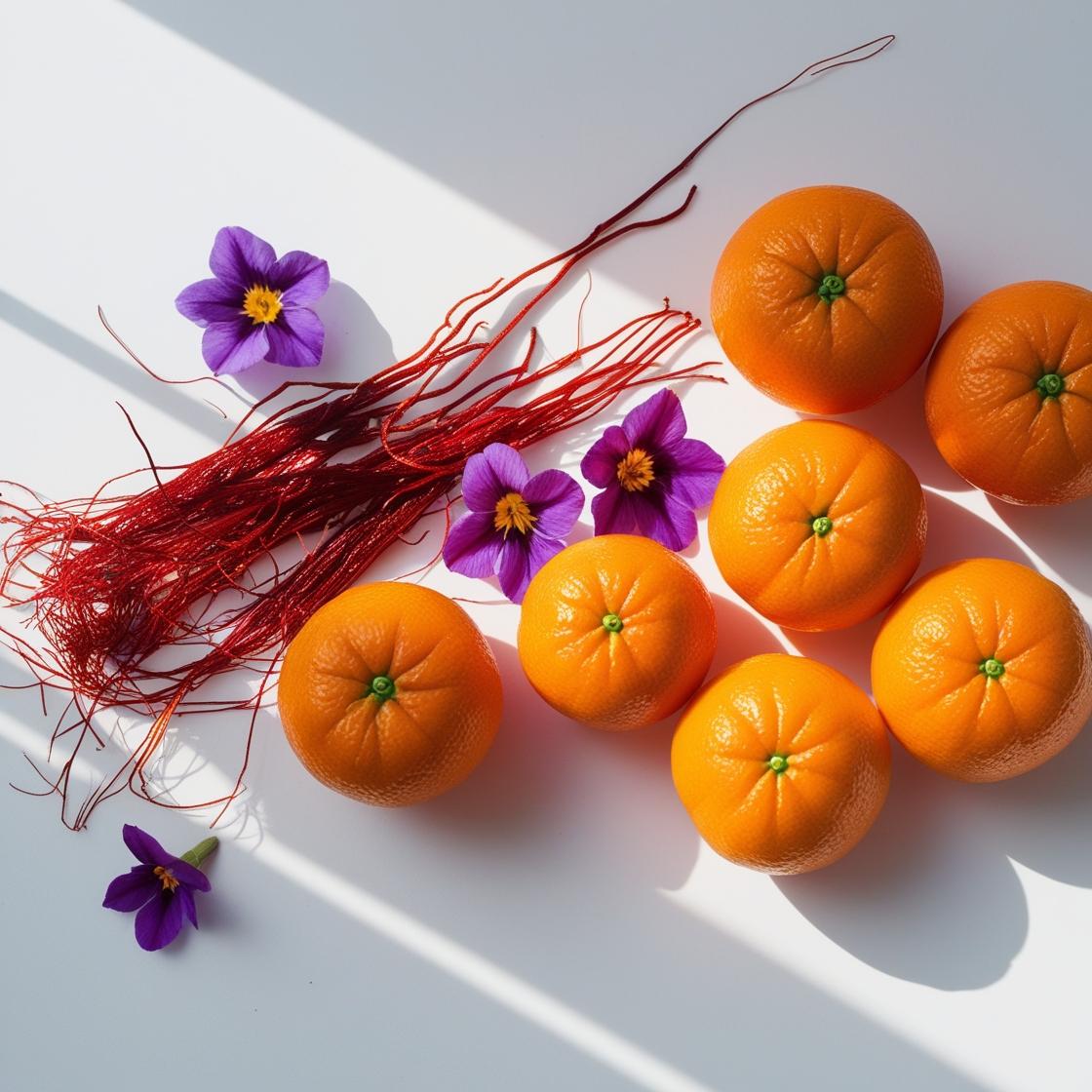Mandarin, saffron and violet representing the olfactory notes of the perfume.