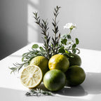 Bergamot and rosemary representing the olfactory notes of the perfume.