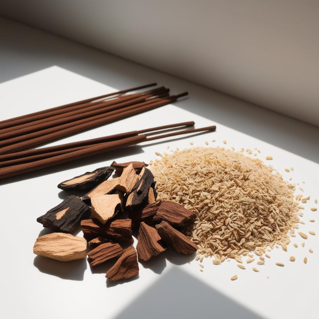 Incense, musk and oud representing the olfactory notes of the perfume.