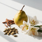 Pear, musk and cardamom representing the olfactory notes of the perfume.