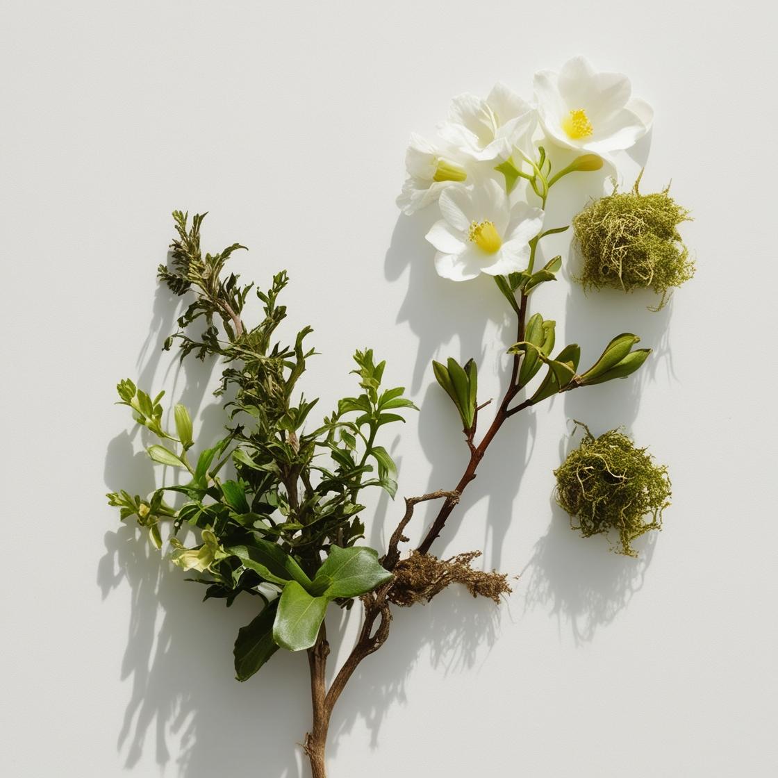 Moss and jasmine representing the olfactory notes of the perfume.