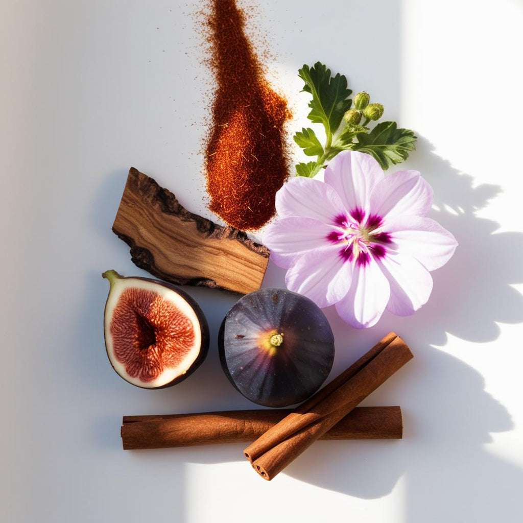 Perfume scent notes with fig, mallow flower, cinnamon, saffron and wood