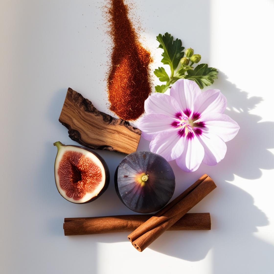 Perfume scent notes with fig, mallow flower, cinnamon, saffron and wood