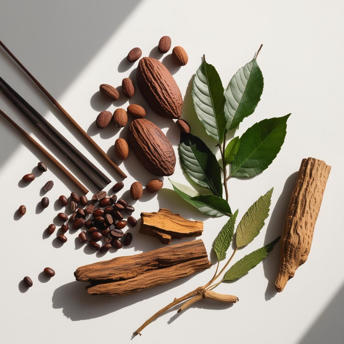Benzoin, cocoa, patchouli and wood representing the olfactory notes of the perfume.