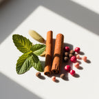 Mint, cinnamon, cardamom and pink pepper representing the olfactory notes of the perfume.