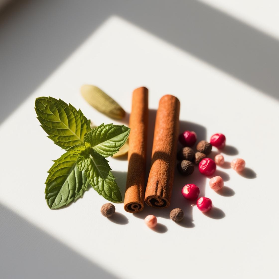 Mint, cinnamon, cardamom and pink pepper representing the olfactory notes of the perfume.