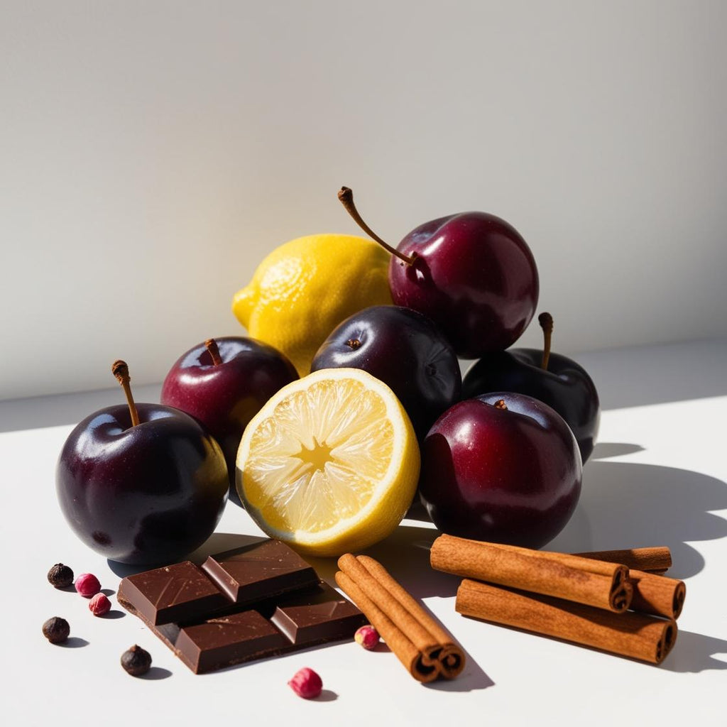 Lemon, plum, chocolate and cinnamon representing the olfactory notes of the perfume.