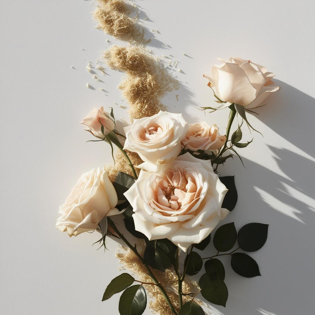 Musk and rose representing the olfactory notes of the perfume.