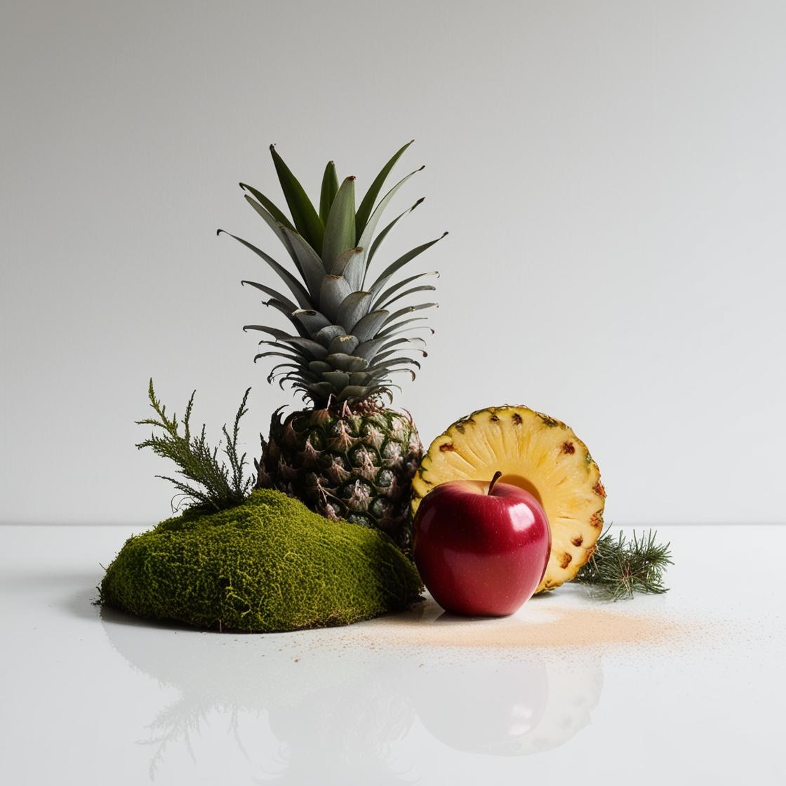 Pineapple, apple, cedar and moss representing the olfactory notes of the perfume.
