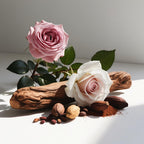 Rose, cocoa and wood representing the olfactory notes of the perfume.
