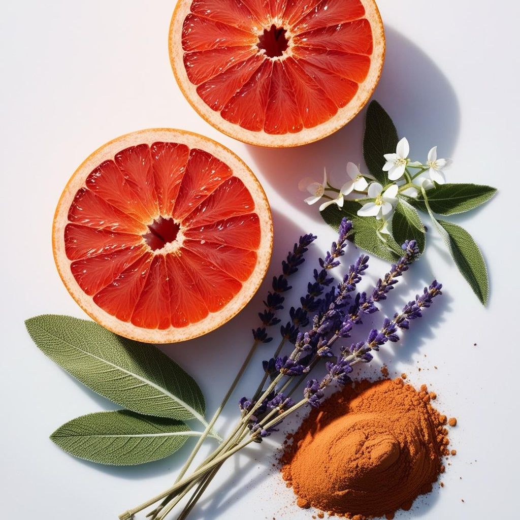 Grapefruit, lavender and cocoa representing the olfactory notes of the perfume.