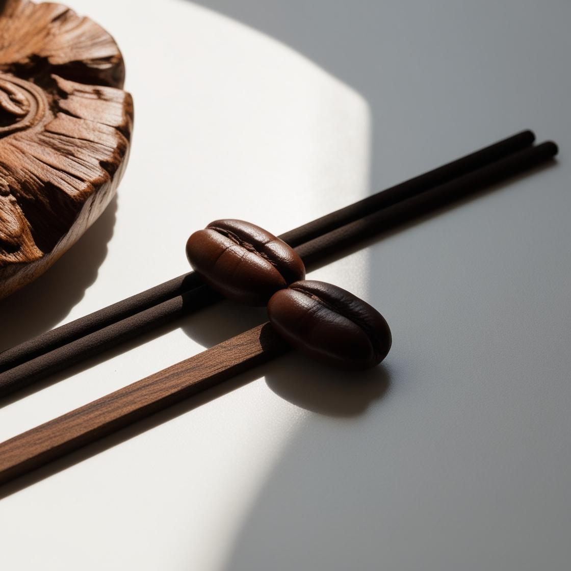Wood, incense and tonka bean representing the olfactory notes of the perfume.
