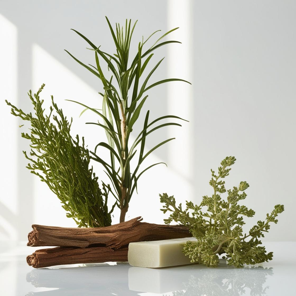 Vetiver, patchouli and wood representing the olfactory notes of the perfume.