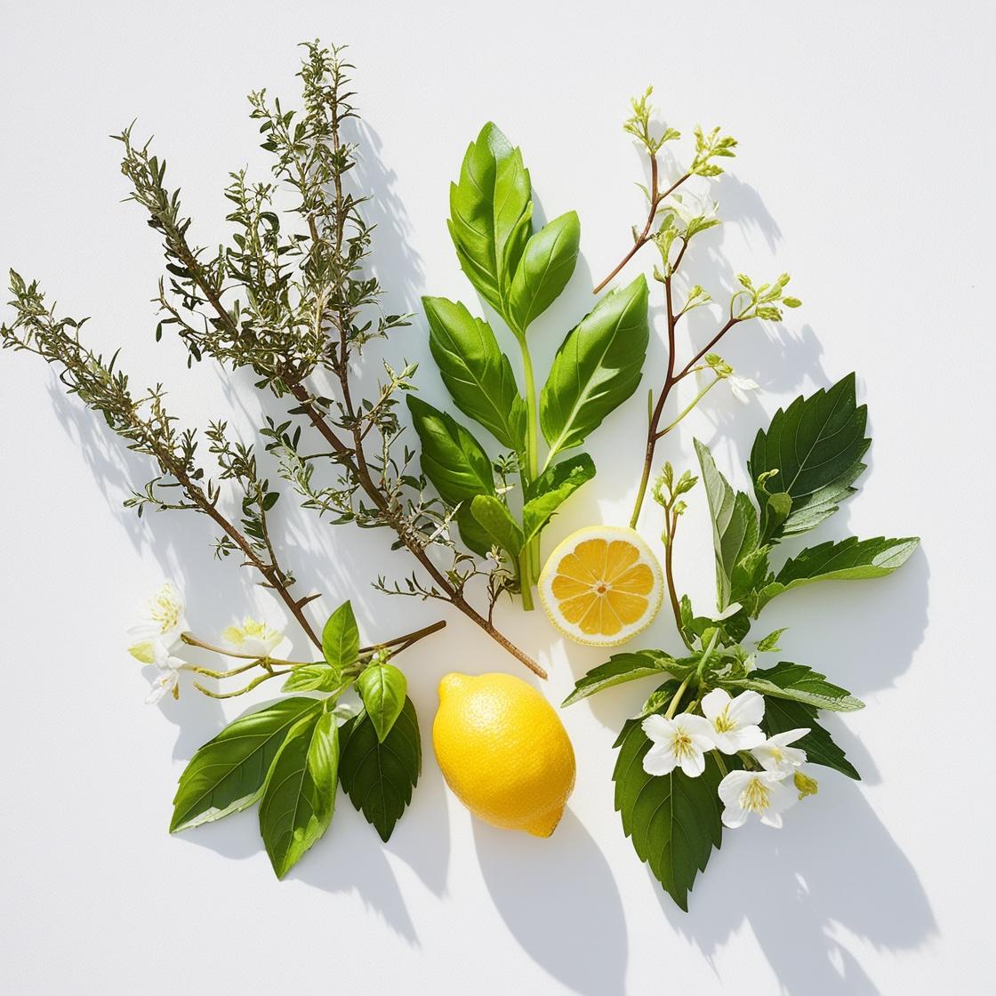 Lemon, jasmine and basil representing the olfactory notes of the perfume.
