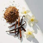 Vanilla, jasmine and myrrh representing the olfactory notes of the perfume.