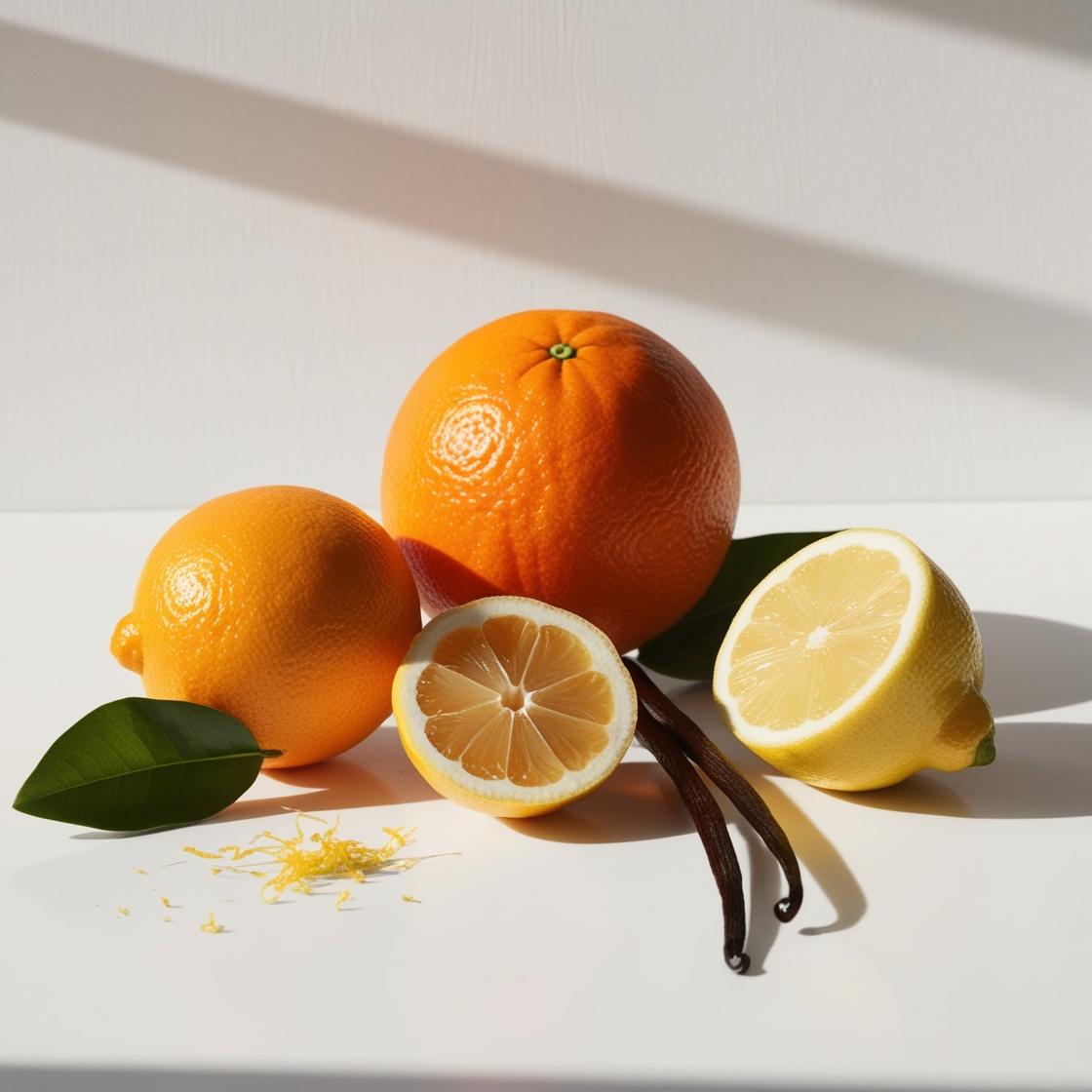 Lemon, orange and vanilla representing the olfactory notes of the perfume.