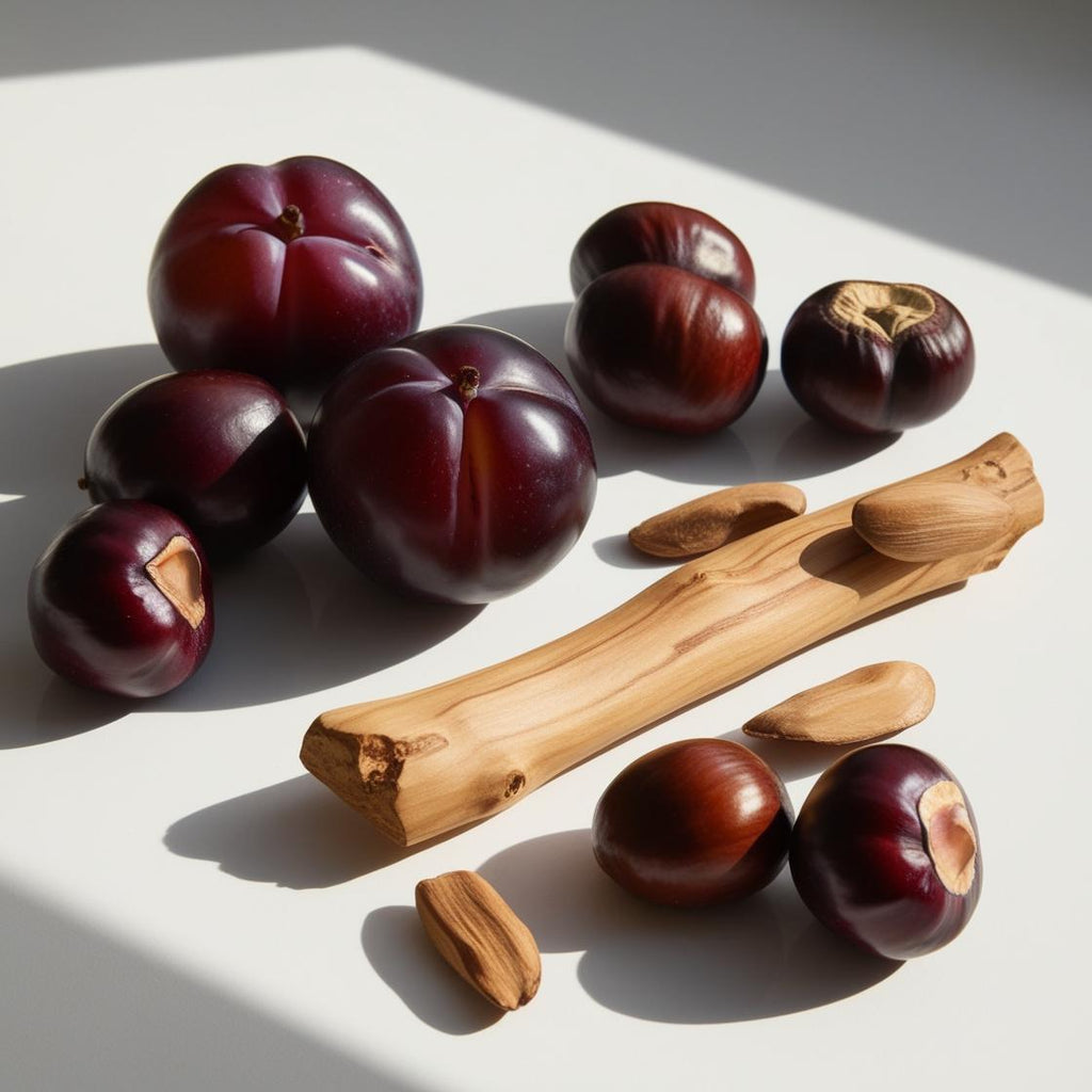 Plums and chestnuts representing the olfactory notes of the perfume.