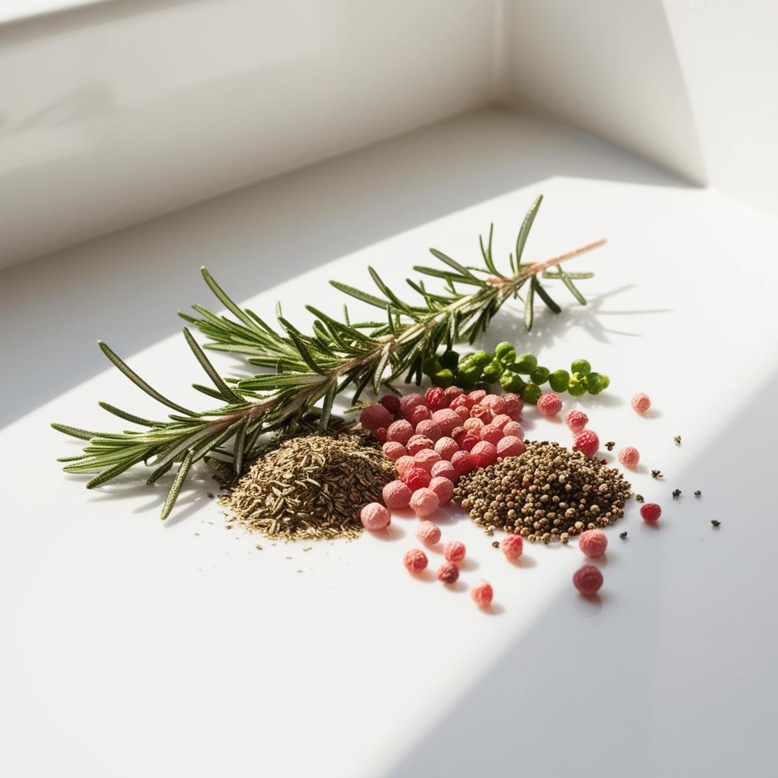Rosemary, cloves and pink pepper representing the olfactory notes of the perfume.