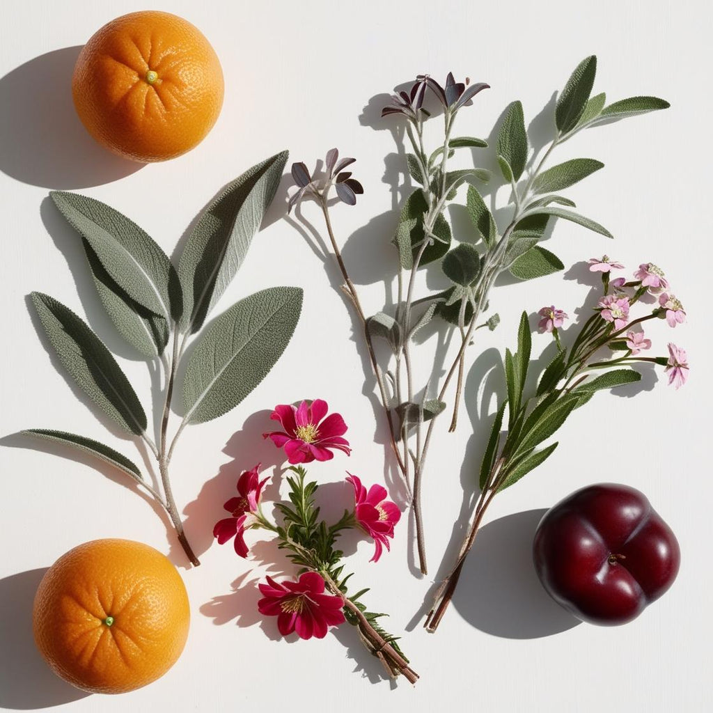 Mandarin, plum and geranium representing the olfactory notes of the perfume.