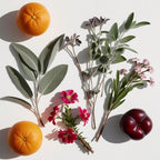 Mandarin, plum and geranium representing the olfactory notes of the perfume.