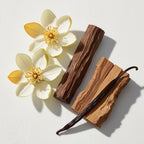 Wood, vanilla and musk representing the olfactory notes of the perfume.