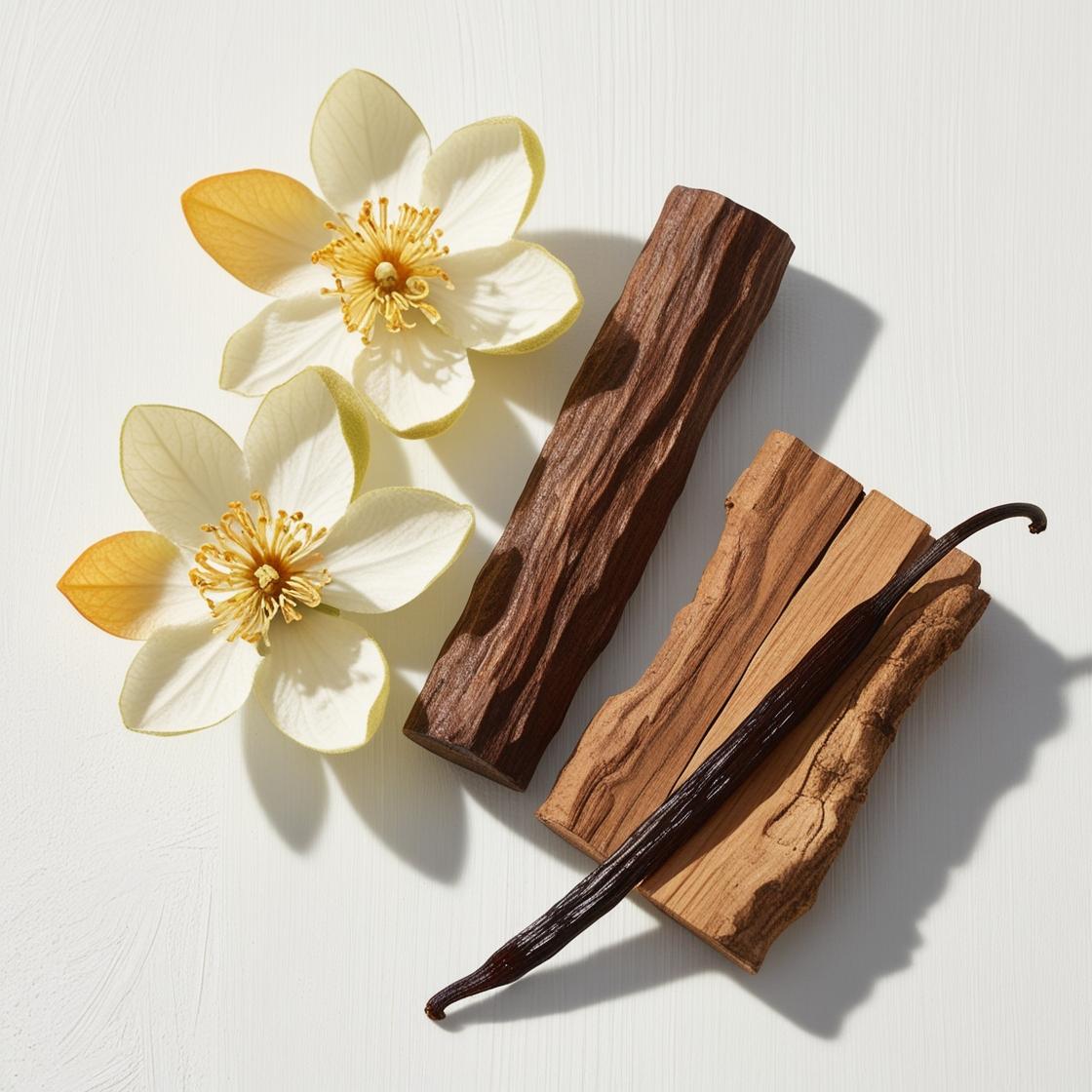 Wood, vanilla and musk representing the olfactory notes of the perfume.