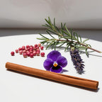 Violet, lavender, toffee and pink pepper representing the olfactory notes of the perfume.