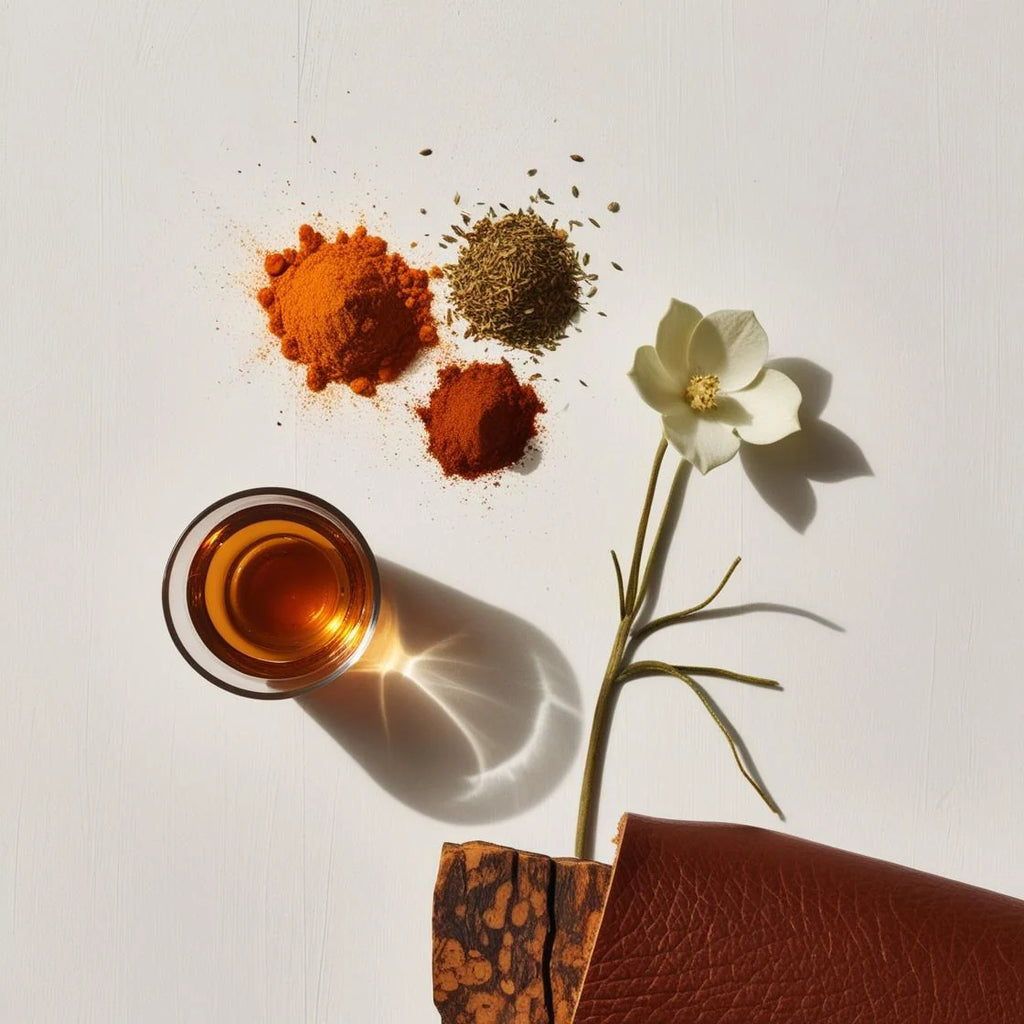 Perfume scent notes with spices, cumin, white flowers, leather and liquor