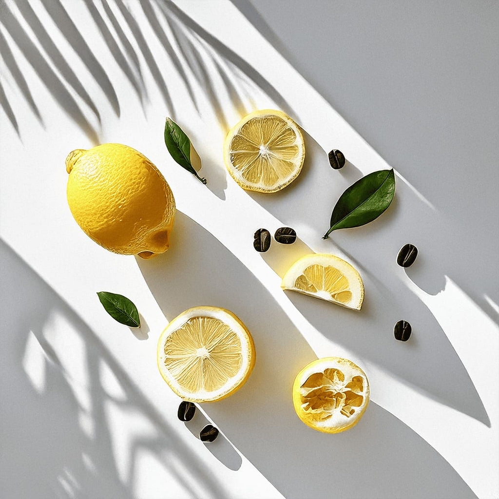 Perfume scent notes with fresh lemon, coffee beans and green leaves