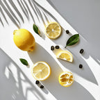 Perfume scent notes with fresh lemon, coffee beans and green leaves