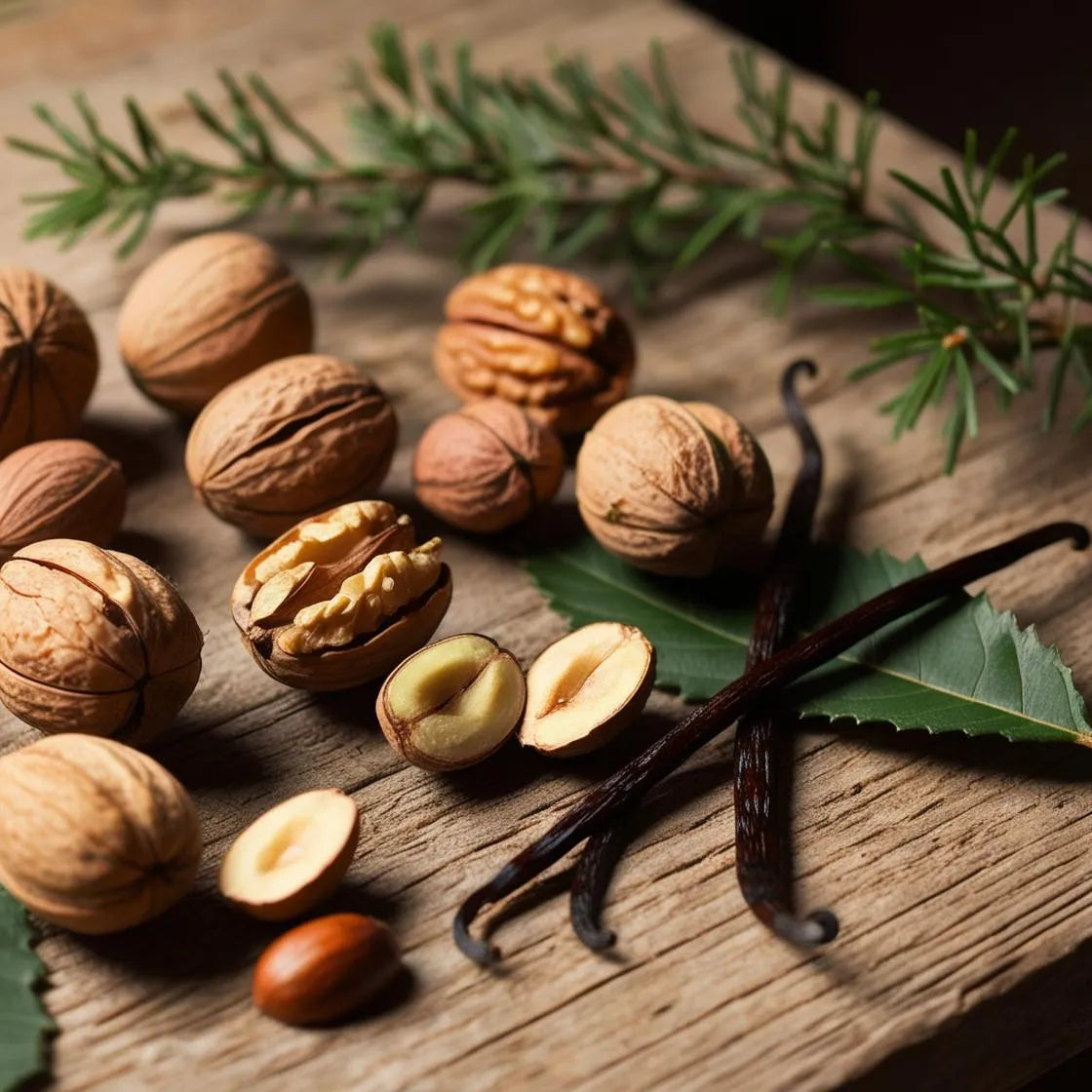 Perfume scent notes with nuts, vanilla and green leaves