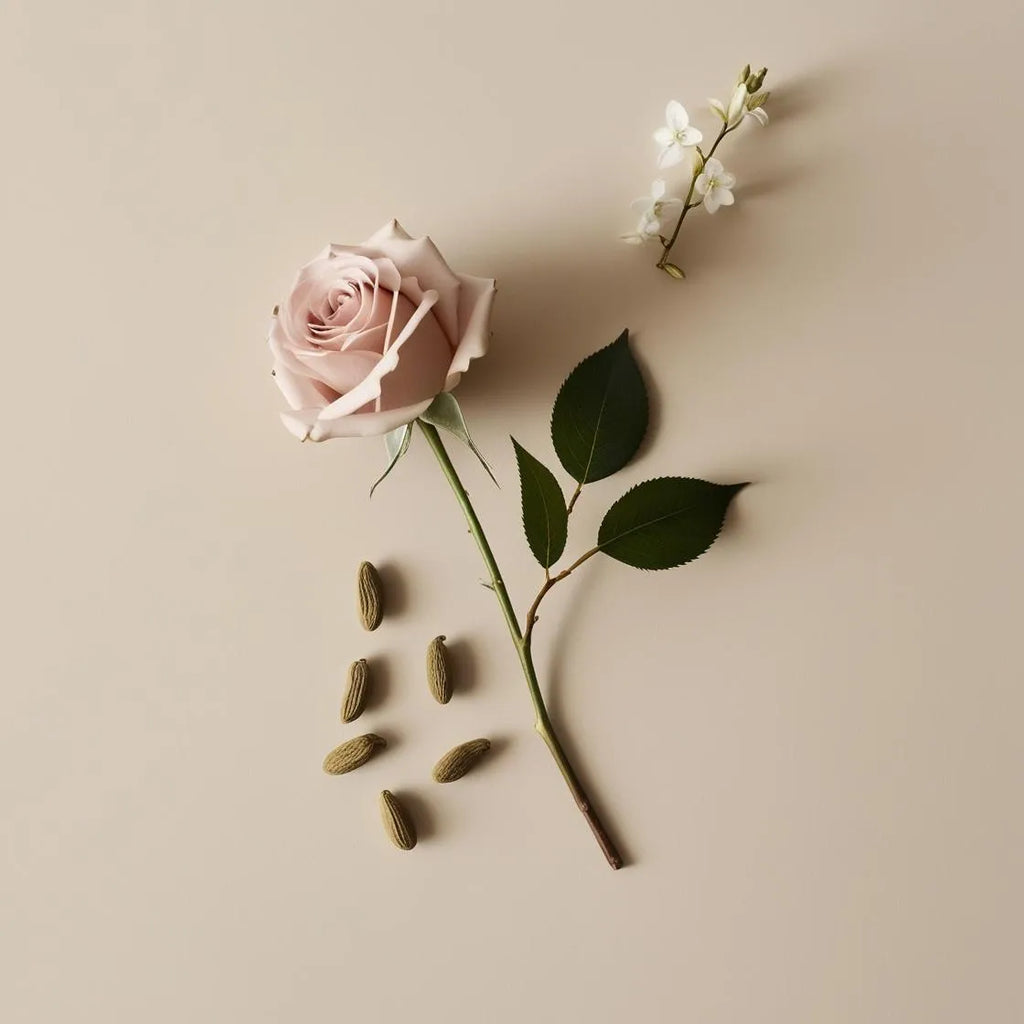 Olfactory notes of the perfume with rose, jasmine and cardamom.