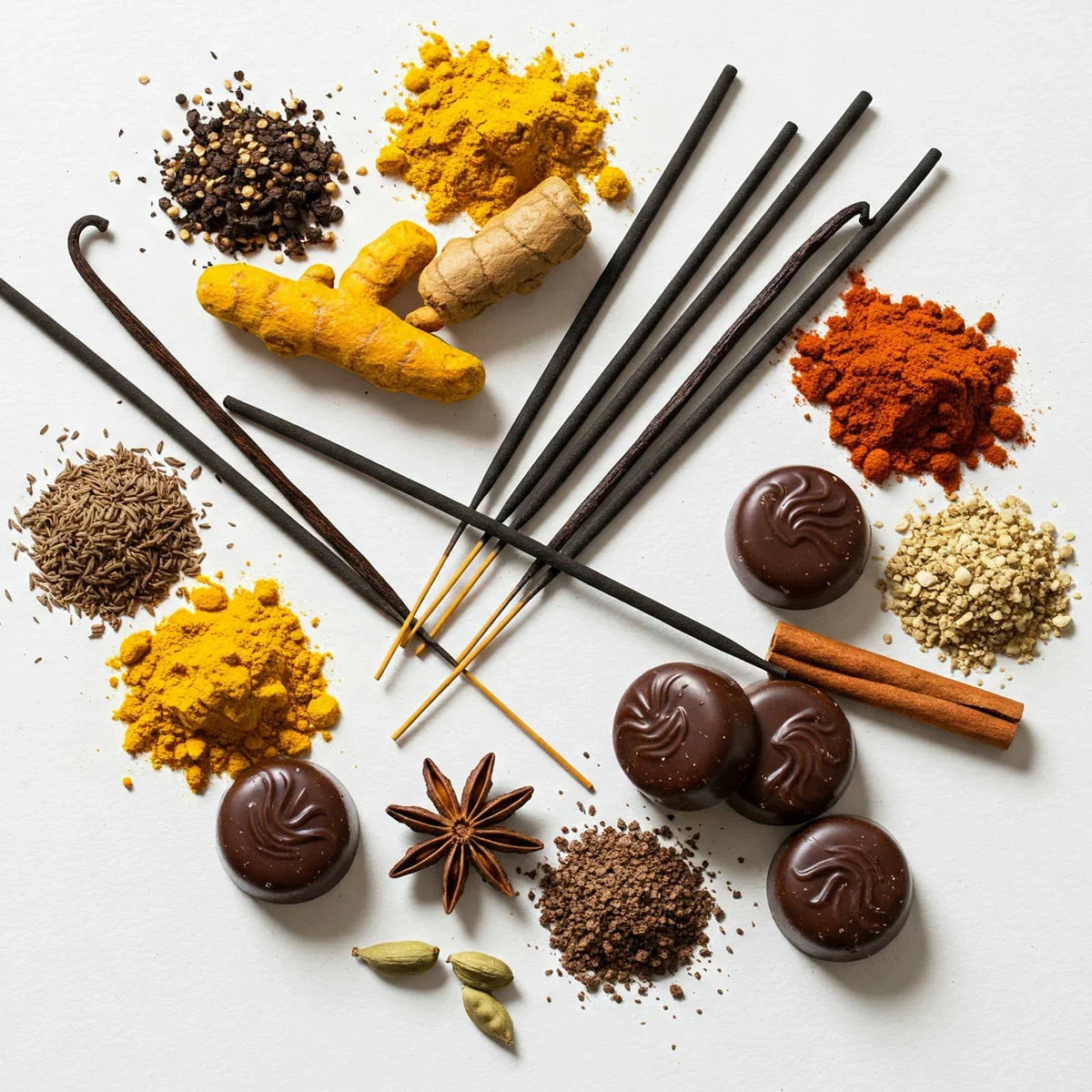Olfactory notes of the perfume with warm spices, incense, vanilla and rich chocolate.