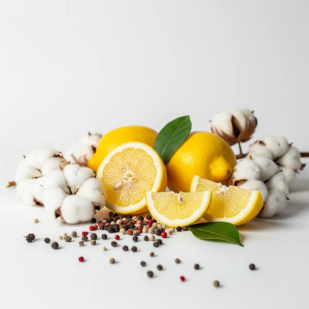 Olfactory notes of the perfume with fresh lemon, soft cotton and a spicy touch of pepper.