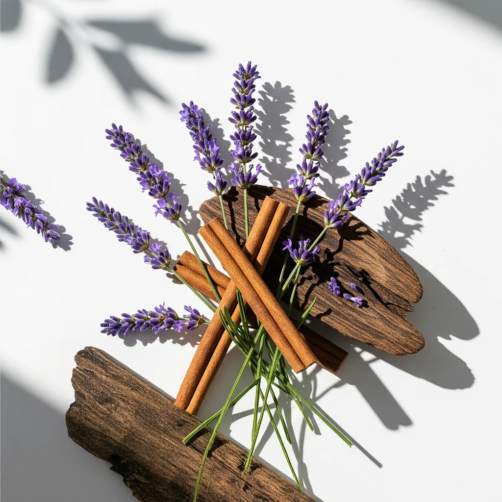 Olfactory notes of the perfume with aromatic lavender, spiced cinnamon and a background of warm woods.
